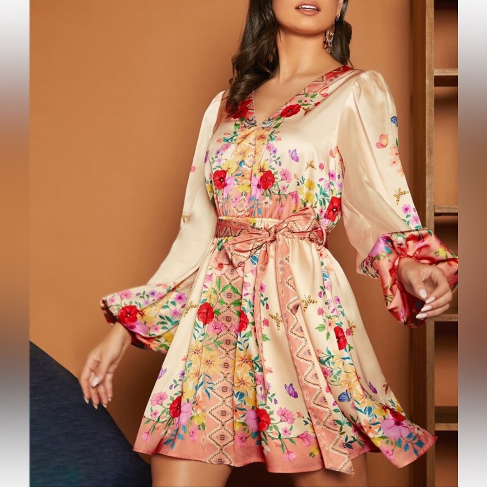 Boho Floral Print Long Sleeve Belted Satin Dress - Picture 1 of 5